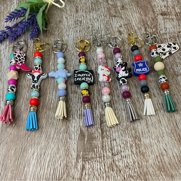 Keychain Cow Dino Cat Police Handcrafted Artisan Silicone Beaded Bracelet Key - Picture 2 of 13